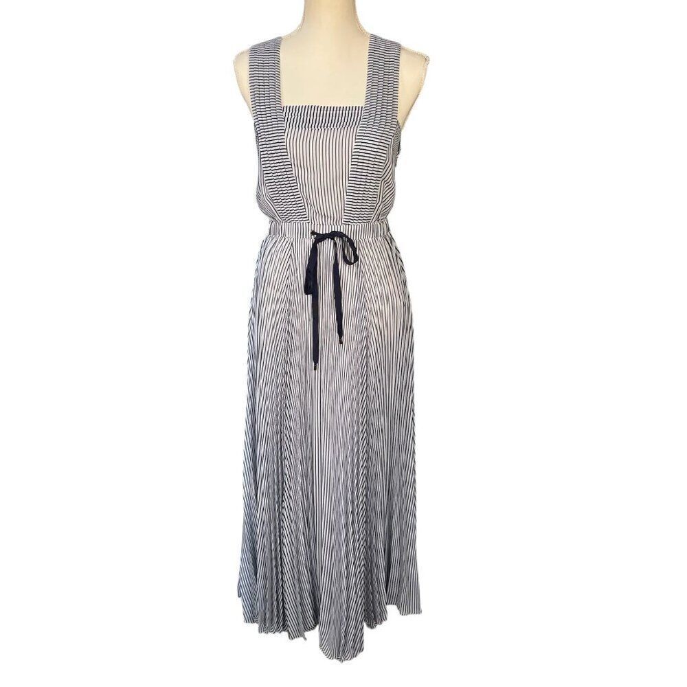 Maeve Darcy Striped Bib Front Pleated Skirt Maxi Dress Navy Blue White Size 4